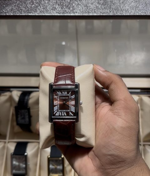 brown dial and brown leather belt - Luxury Tank Watch