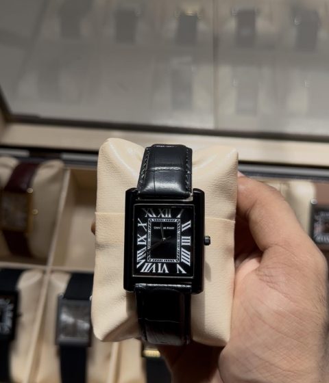 ⁠black dial and black leather belt - Luxury Tank Watch