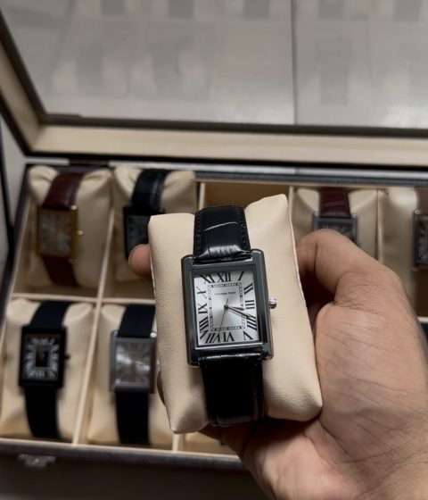 silver dial and black leather belt - Luxury Tank Watch