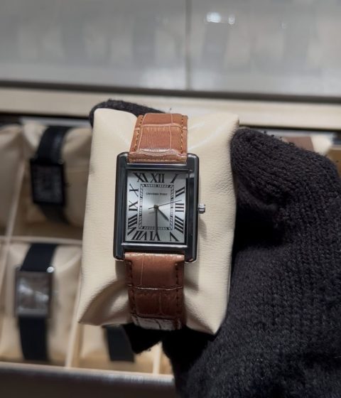 silver dial and brown leather belt - Luxury Tank Watch