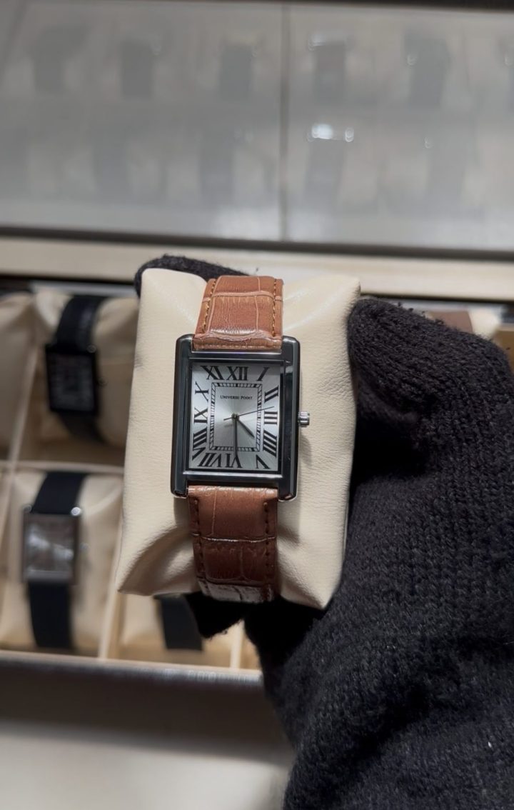 silver dial and brown leather belt - Luxury Tank Watch
