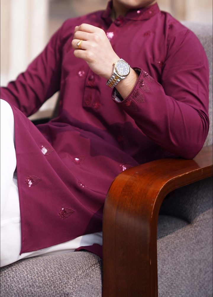 Luxurious maroon All over embroidered Punjabi - Image 3