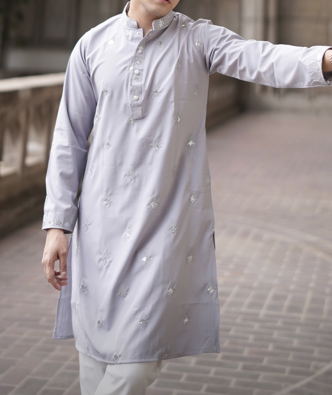 Ash grey All over embroidered Punjabi - Image 3