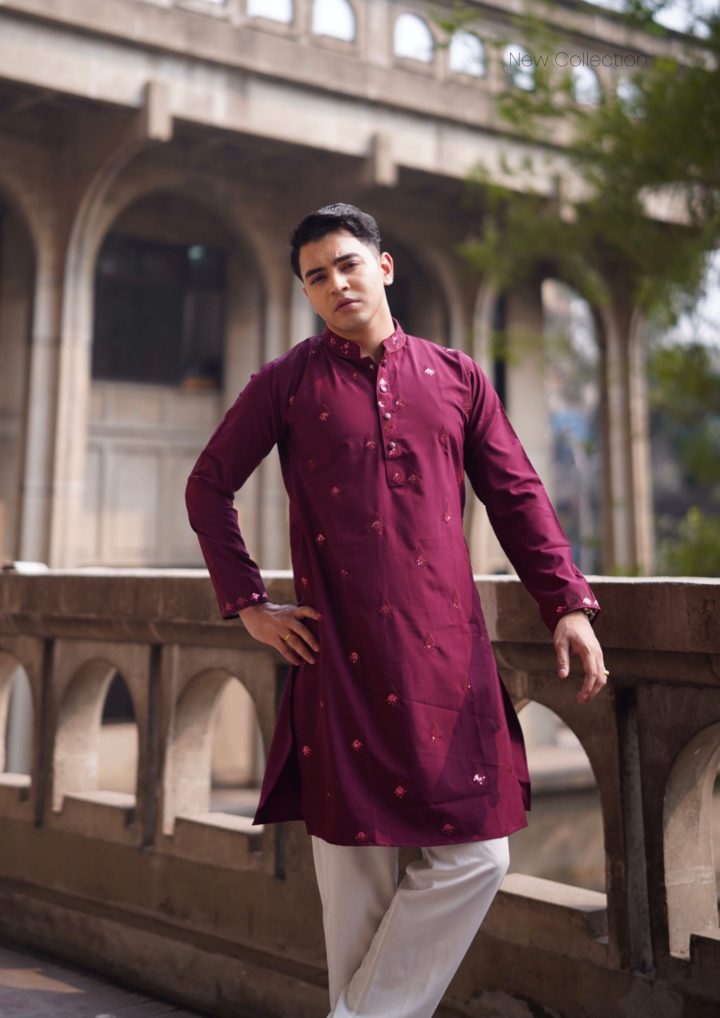 Luxurious maroon All over embroidered Punjabi - Image 2