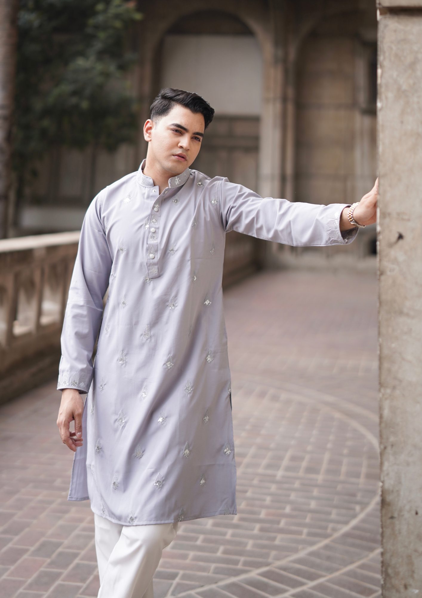 Ash grey All over embroidered Punjabi