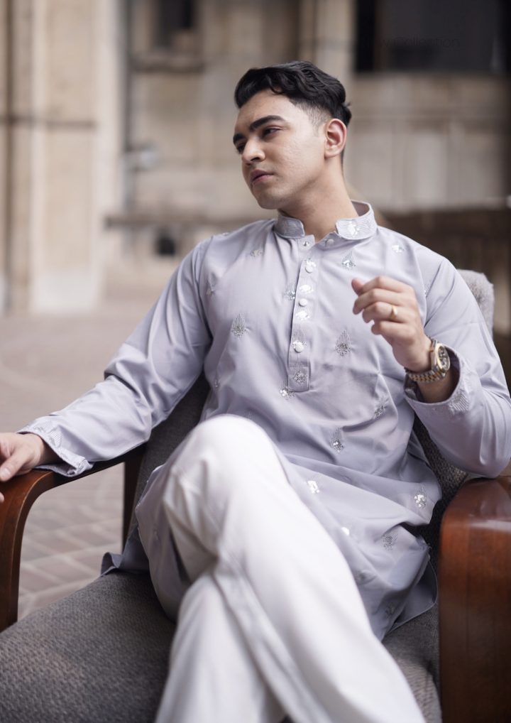 Ash grey All over embroidered Punjabi  - Image 2