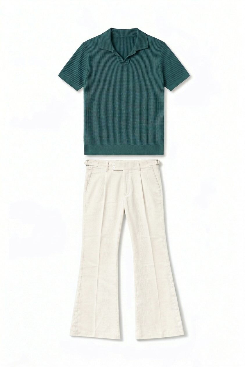 Green knit polo and white Gurkha Bootcut  pant Combo