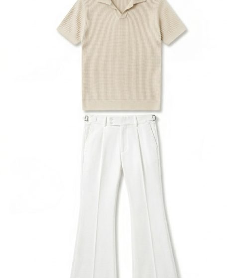 Beige knit polo and Off white bootcut Gurkha pant combo