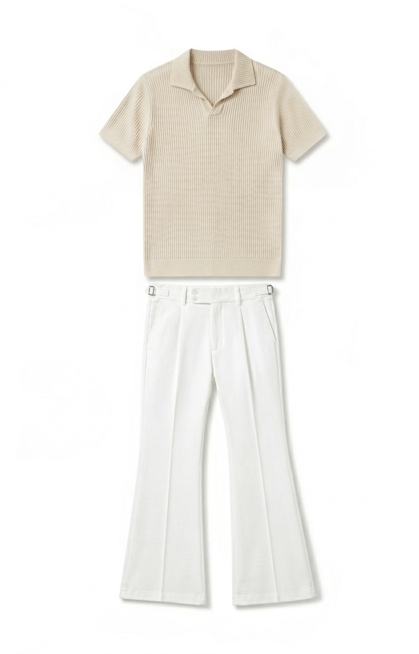 Beige knit polo and Off white bootcut Gurkha pant combo