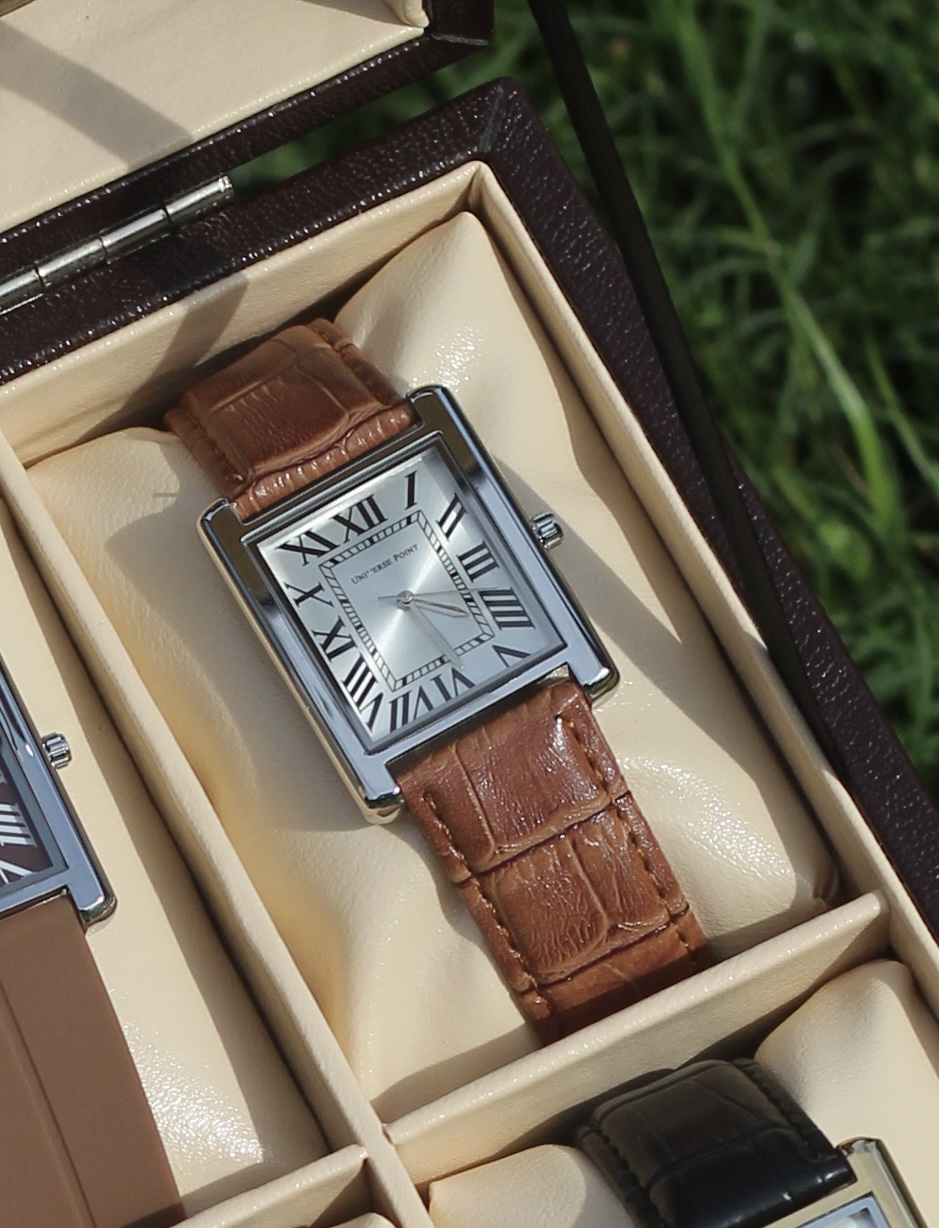 silver dial and Golden leather belt - Luxury Tank Watch