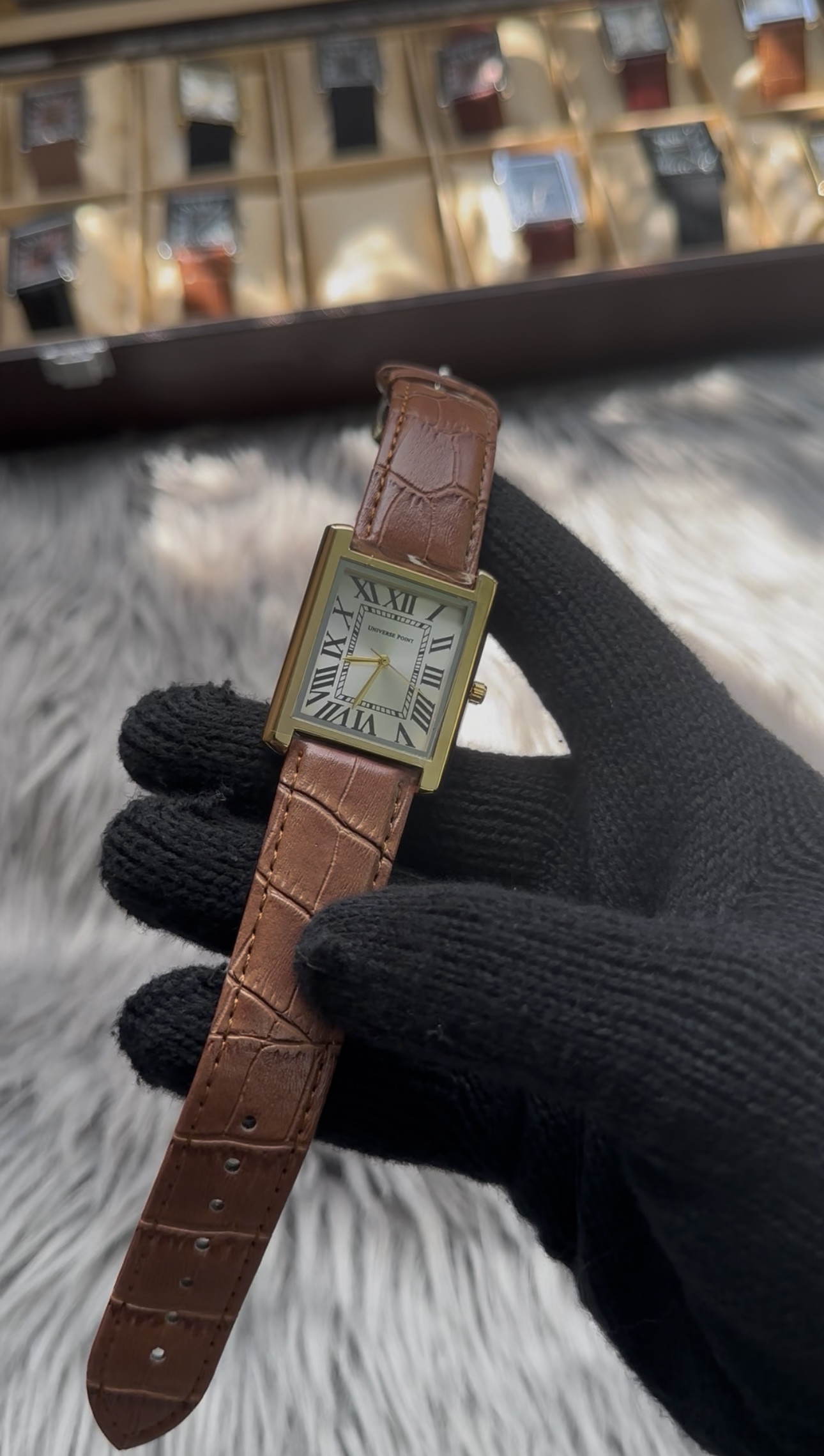 Golden dial & Golden Leather belt luxury tank watch
