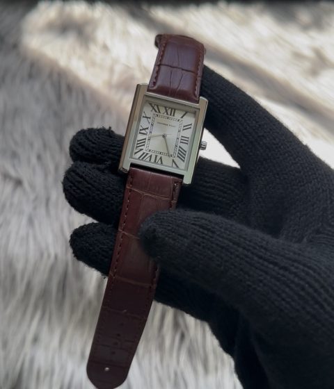 Silver Dial & Brown Leather belt Luxury Tank Watch