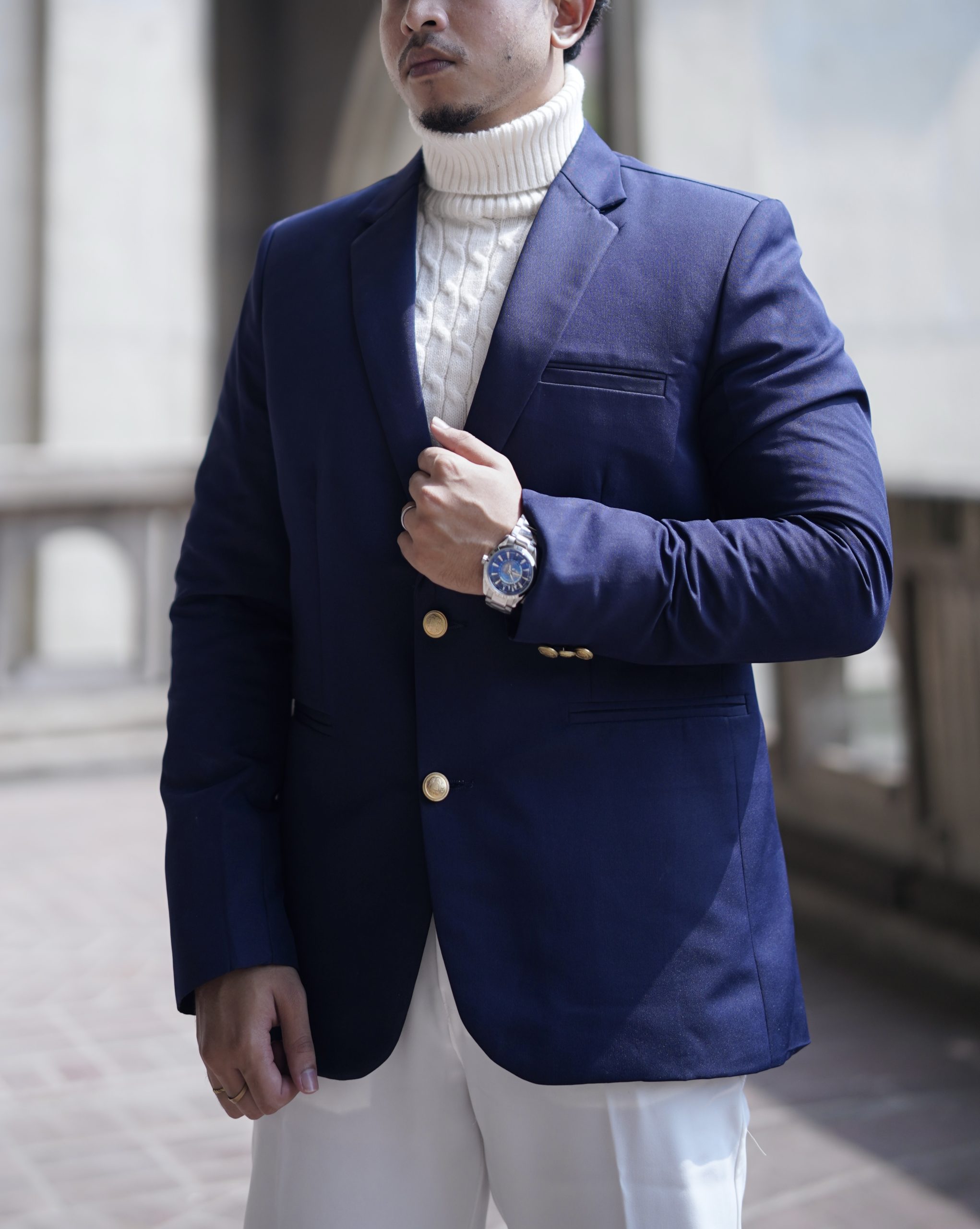 Luxury Navy Blue with Metal Shank golden  button  Single Breasted Blazer