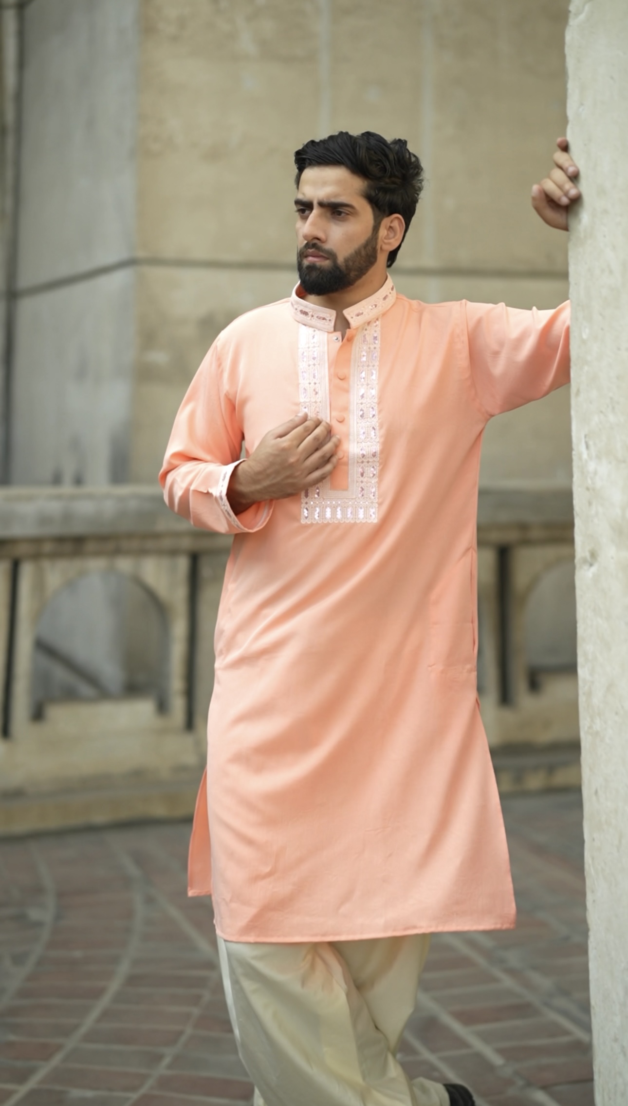 Signature Peach Embroidered Punjabi - Image 3