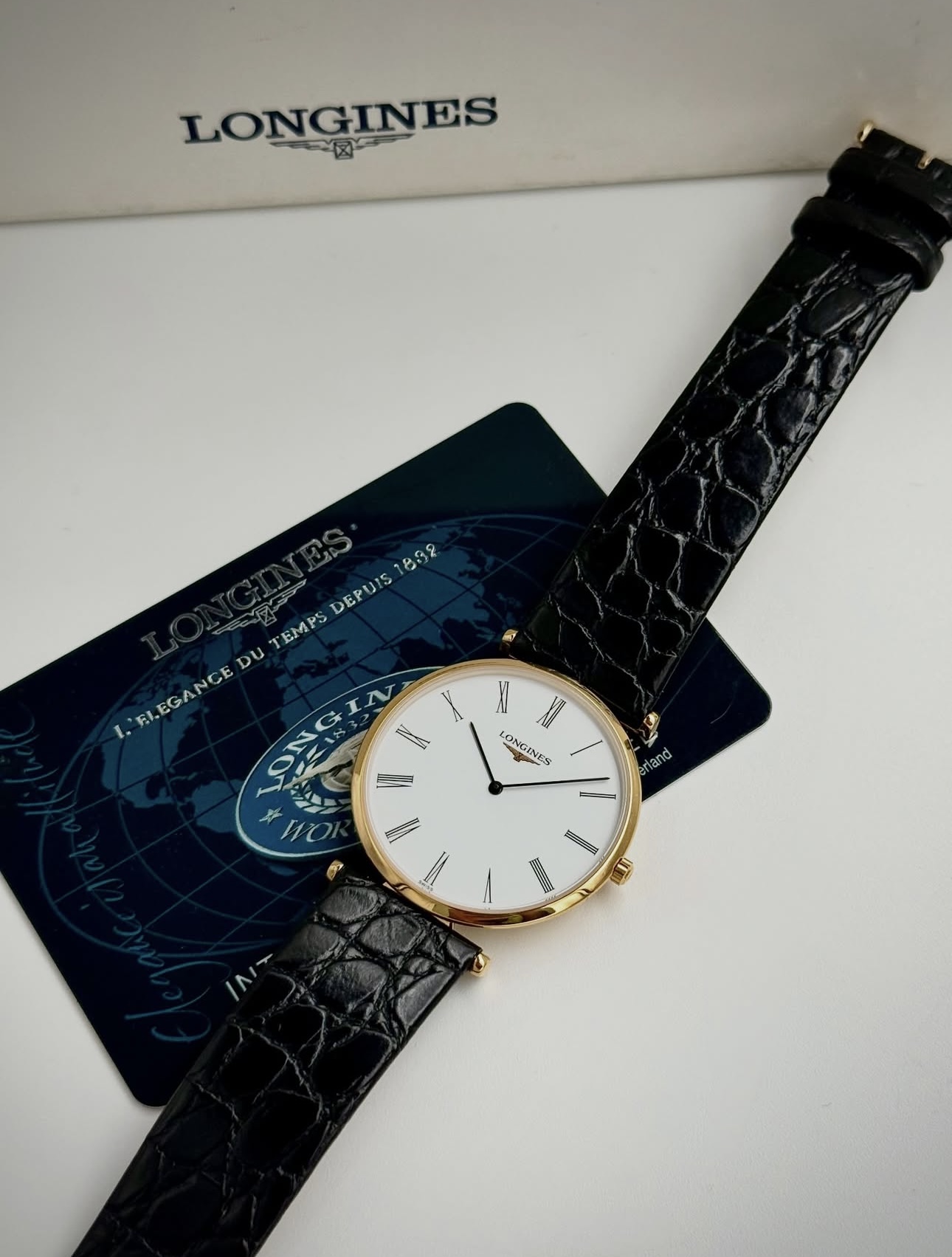Silver & Golden Border and Black crocodile Leather With Longines Orginal box - Image 2