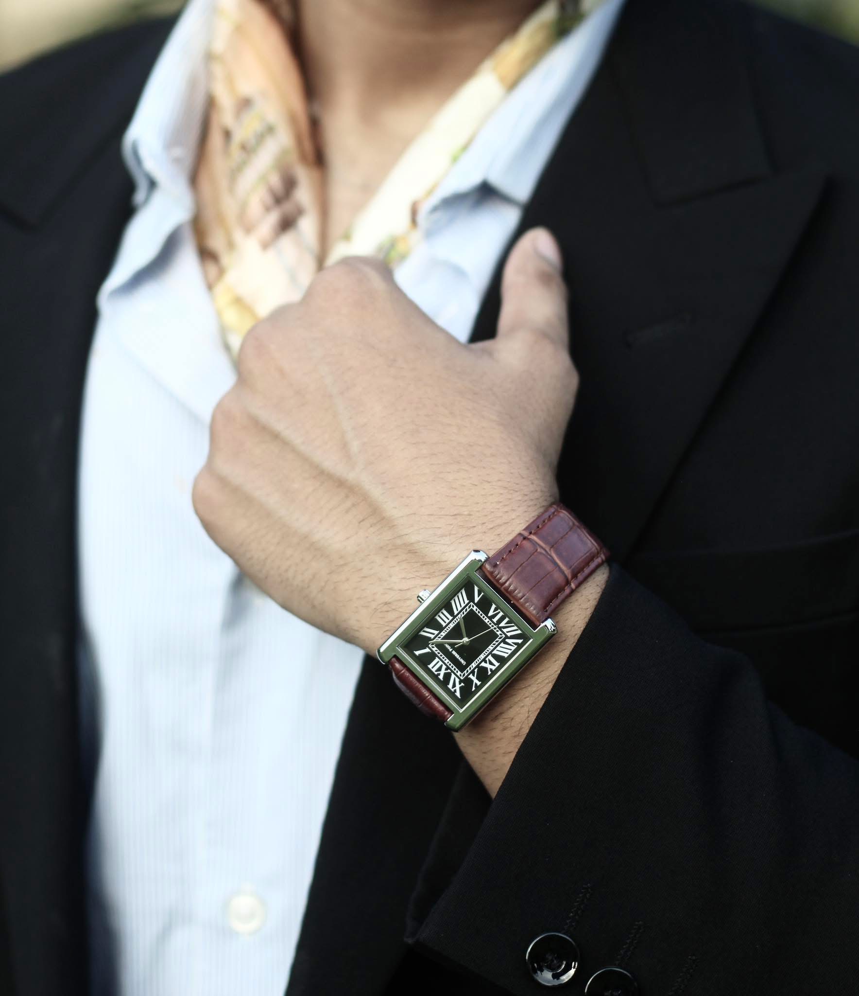 Black & silver border & Chocolate leather Belt Tank watch