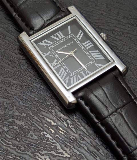 Black Frame with silver border & Black Leather Belt Tank Watch
