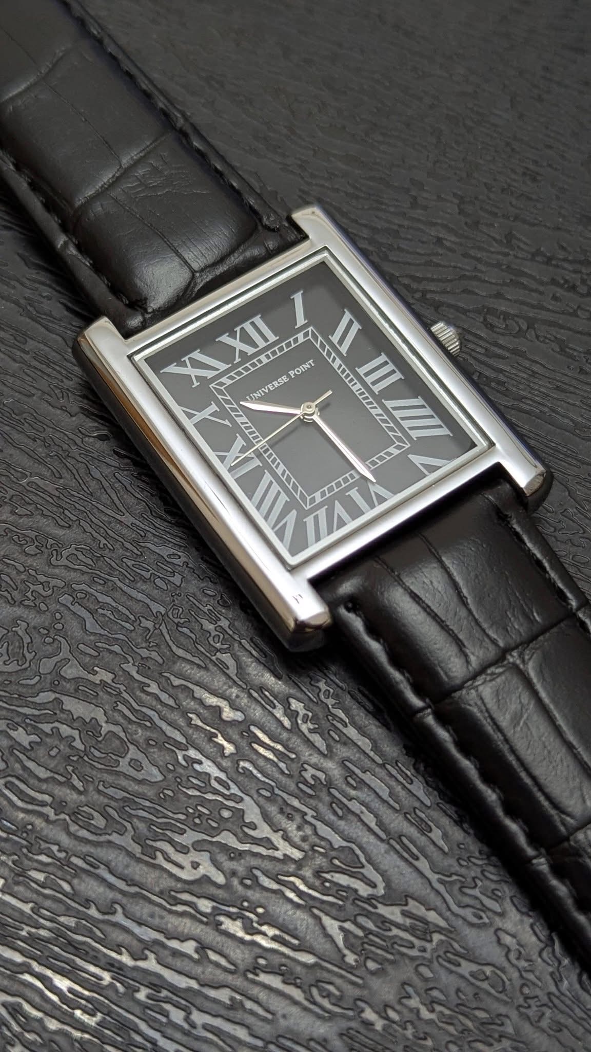 Black Frame with silver border & Black Leather Belt Tank Watch